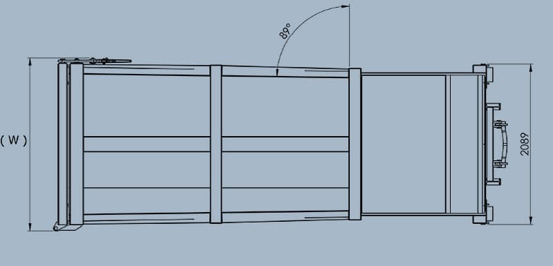 Front elevation — width (W) and lid opening angle (89°)