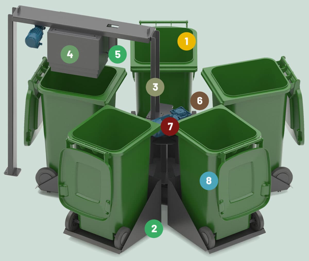 Downwaste bin carousel — chute fed technical data diagram