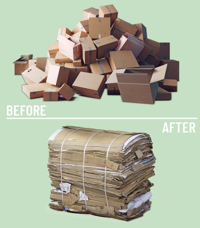 Downwaste baler — before and after baling comparison