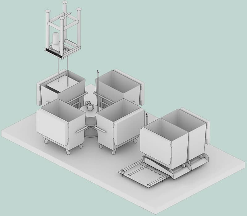 Downwaste bin carousel render — view 1