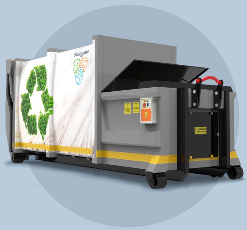 Downwaste DWPC press compactor — product render with recycling livery
