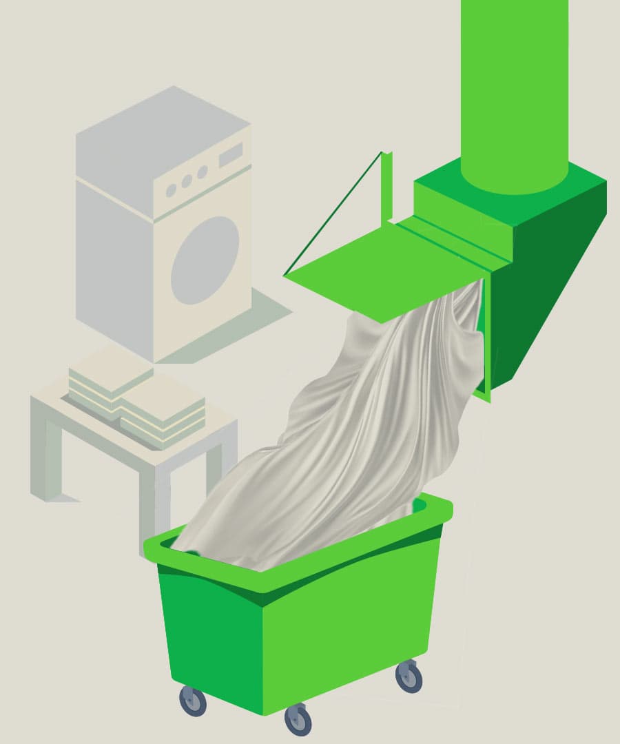 Laundry chute system — linen dropped from floor into rolltainer at base